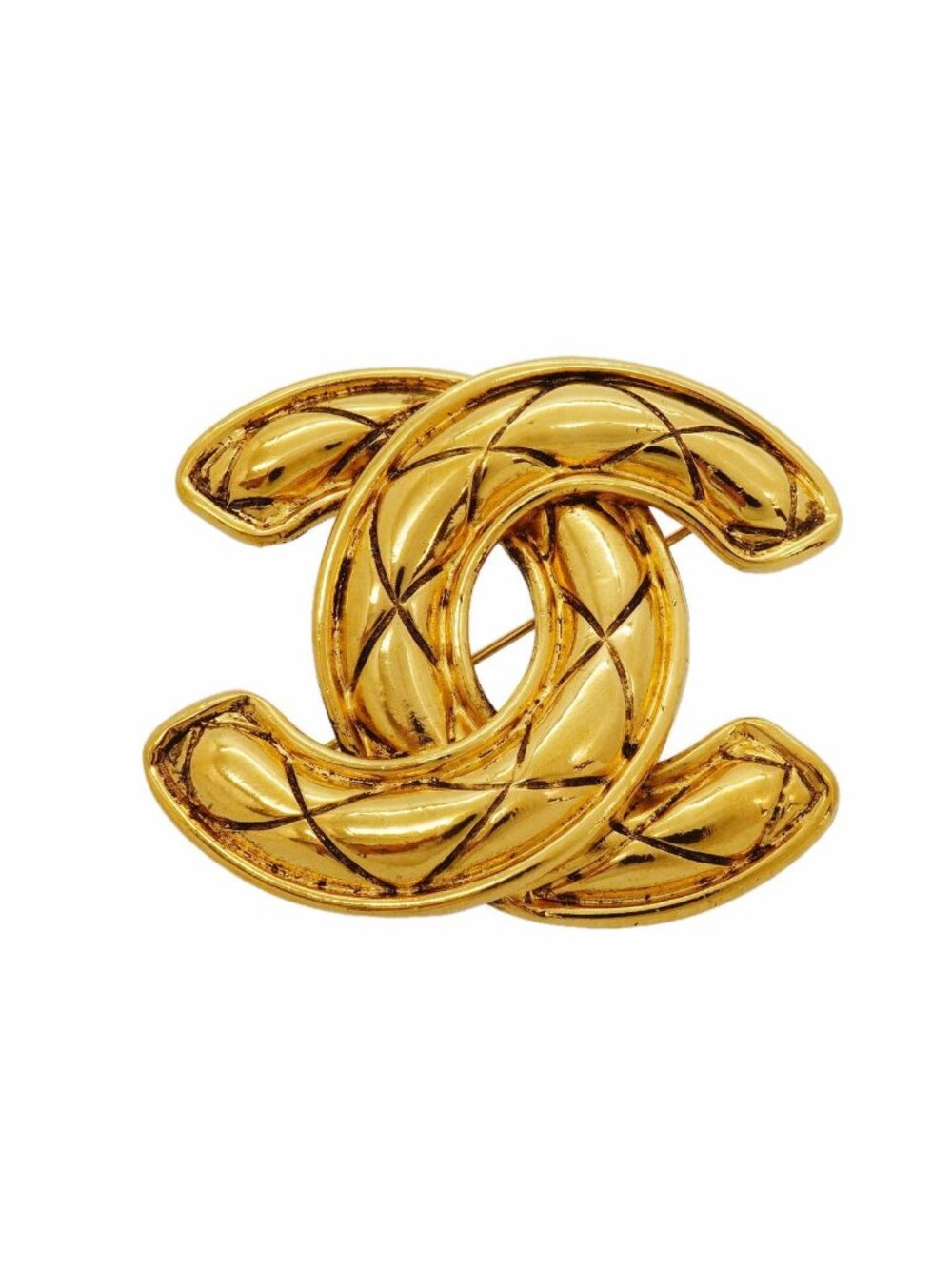 Chanel Brooch Vintage CC Logo Quilted Gold Plated